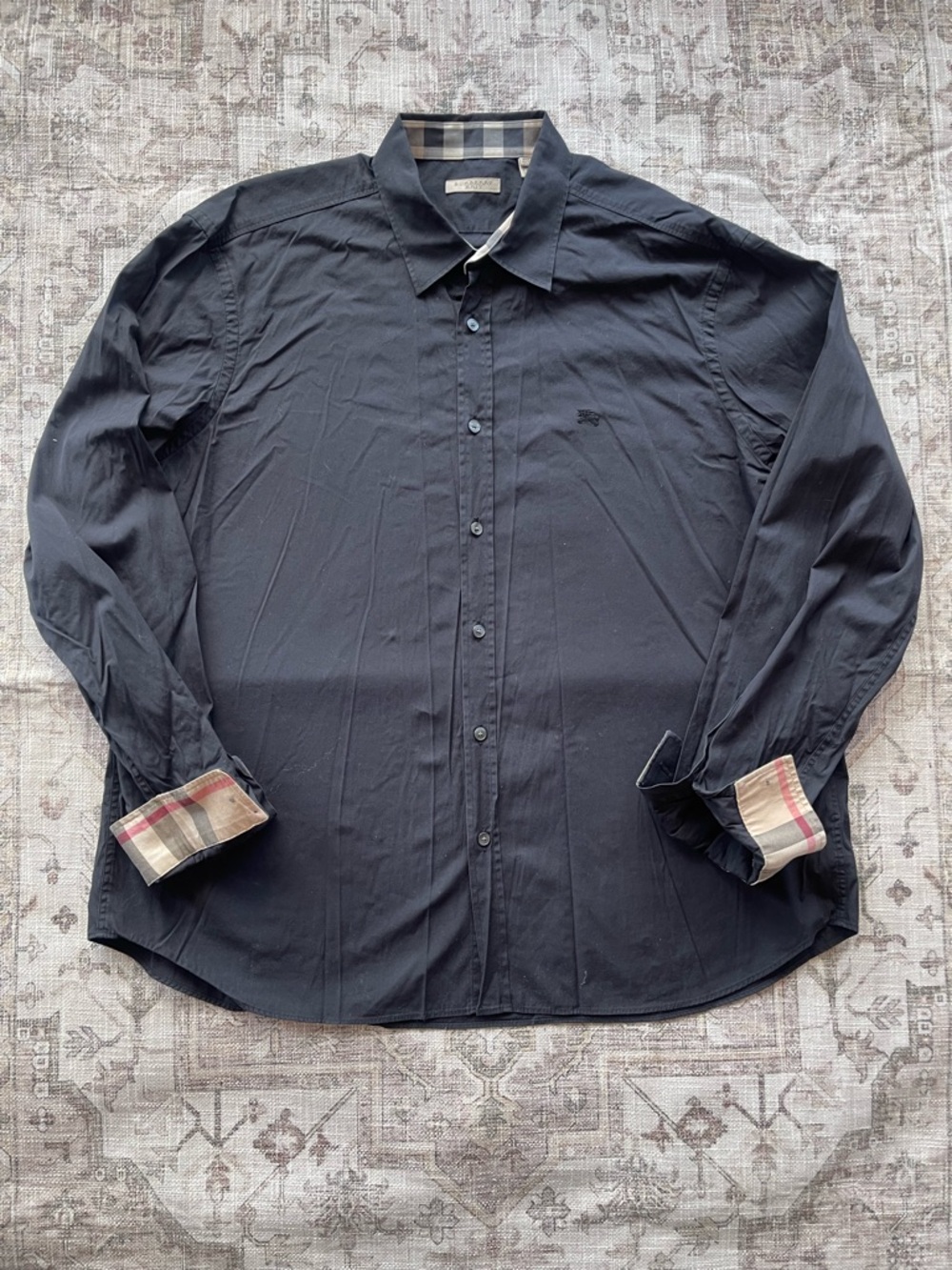 Burberry Black Long-Sleeve Button-Down Shirt with Plaid Cuff Trim